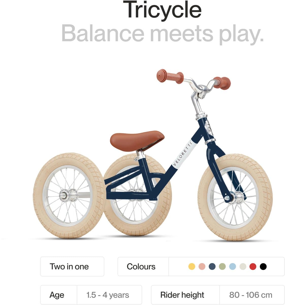 Veloretti Driewieler 2 in 1 Loopfiets met zijwieltjes - 1.5 t/m 4 jaar - 12 inch - Donkerblauw thumbnail 2