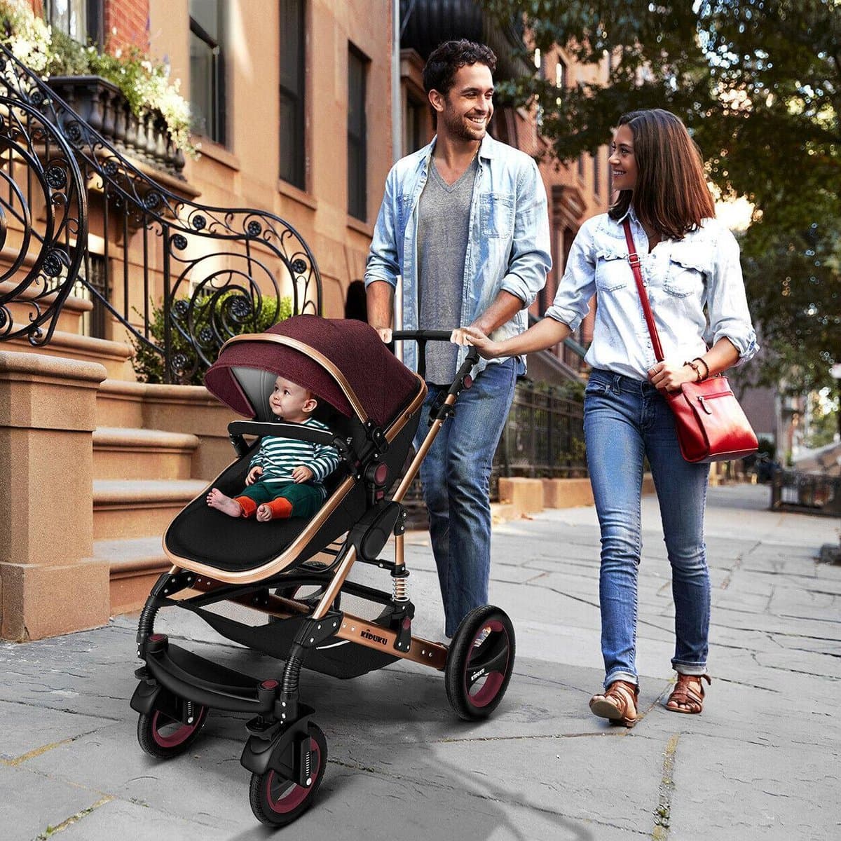KIDUKU- 3 in 1 combi-kinderwagen- bordeaux- zwart-goud- buggy incl. autostoeltje-regenhoes- inklapbaar thumbnail 4