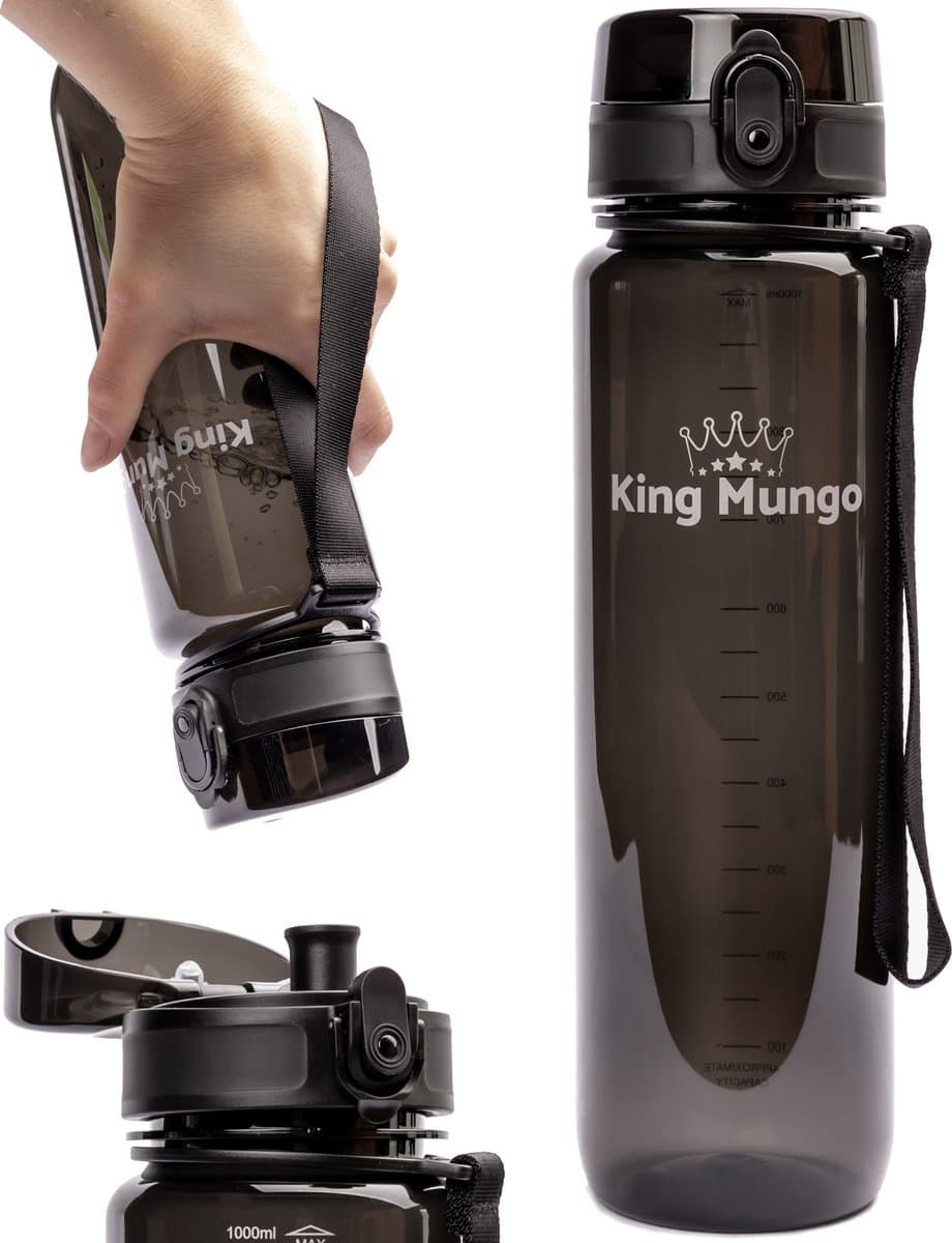 King Mungo Drinkfles 1 Liter voor Volwassenen - 100% Lekvrij & BPA-vrij Tritan - Vaatwasserbestendig - Waterfles & Sport Bidon Zonder Rietje - Transparant Zwart - 1000ml met Fruitfilter