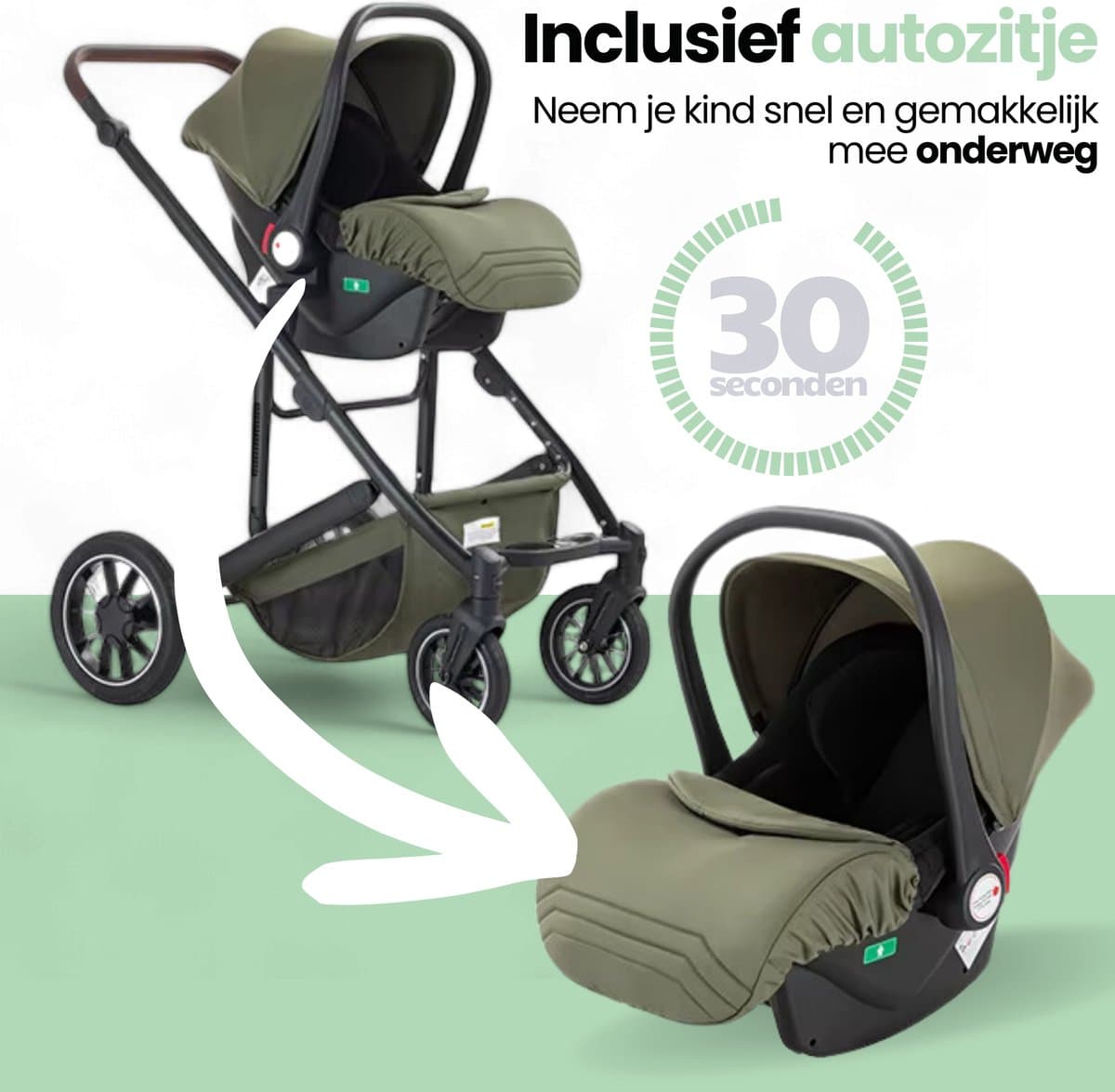 Lunola Luna - Kinderwagen 3-in-1 - incl. autostoel - 0-22kg - XXL - Wandelwagen - Multifunctionele Buggy 3in1 - Groen thumbnail 2