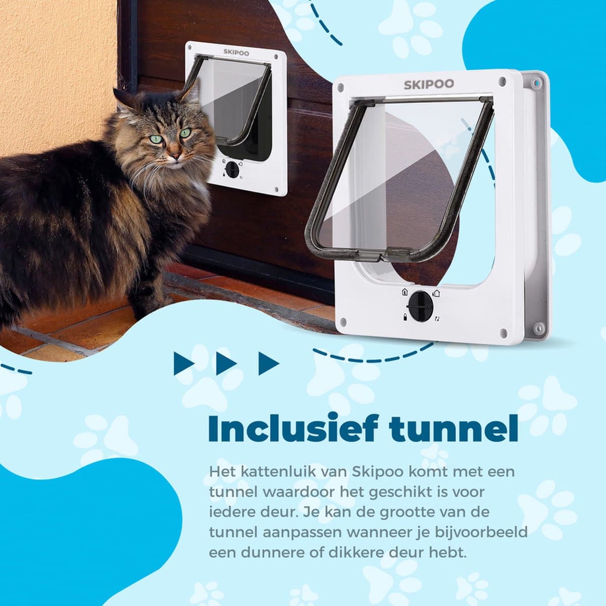 Skipoo Kattenluik met Tunnel - 27 x 23,5 cm - Grote Kat - 4 Vergrendelingsstanden - Wit thumbnail 2