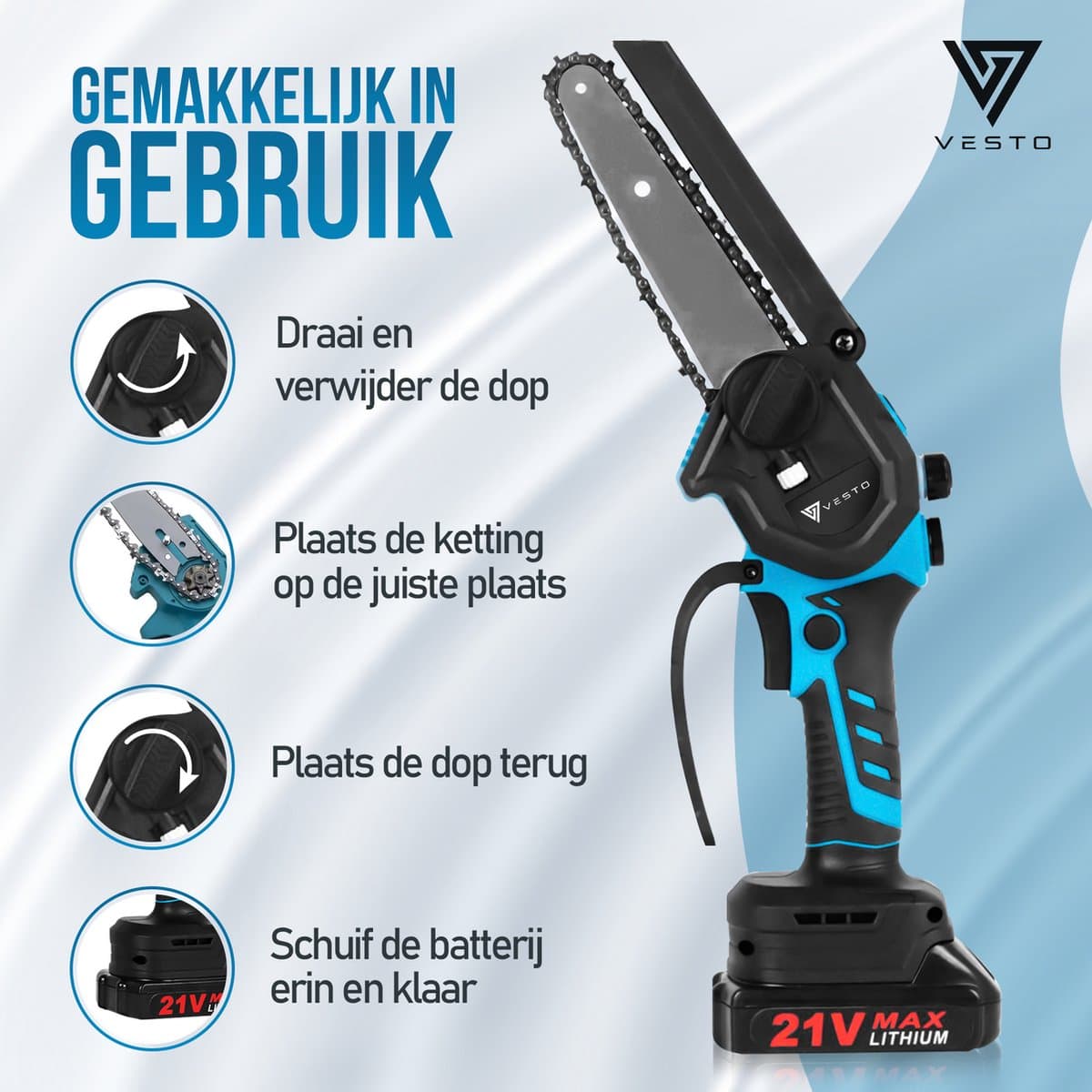 Vesto® Mini kettingzaag – Draadloos Inclusief 2 Led-Accu's – Heggenschaar Accu - Elektrisch Handkettingzaag - Snoeizaag - Takkenzaag - Handzaag - Boomzaag thumbnail 3