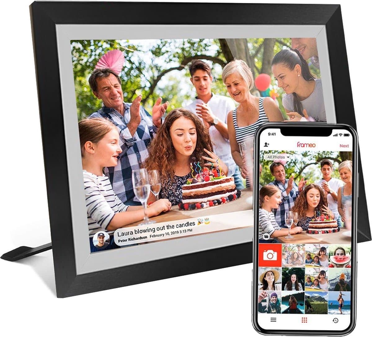 Digitale fotolijst met WiFi en Frameo App - 10.1 inch HD+ IPS Display - Fotokader met Touchscreen - 32GB - Zwart/Wit - Frameo digitale fotolijst - digitale fotokader - digitaal fotolijstje - afbeelding 1