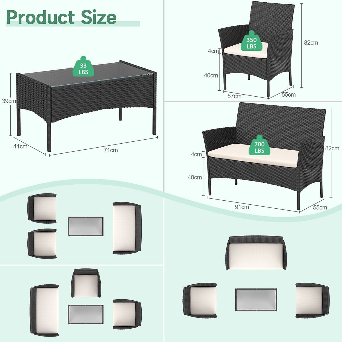 Loungesets - BIGZZIA Tuinmeubelset - 4 met - met 2 fauteuils, 1 bank en 1 tafel - Zwart thumbnail 3
