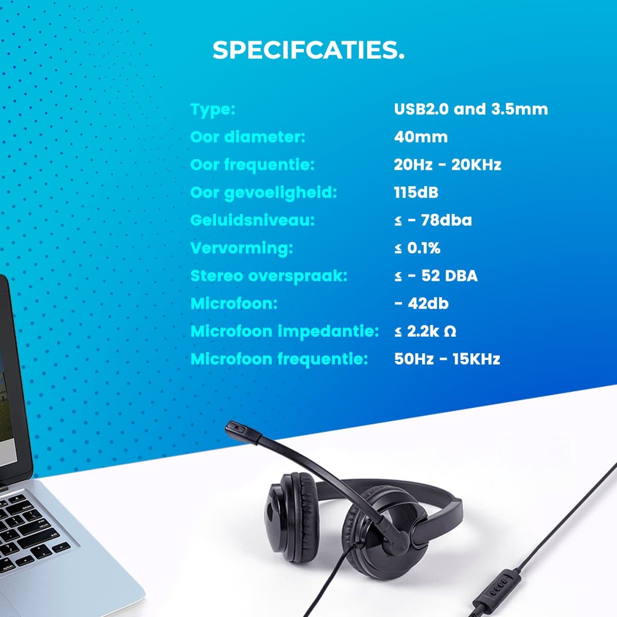 Headset met Microfoon voor Laptop en PC - Business Headset - Koptelefoon voor Video Bellen - USB thumbnail 8