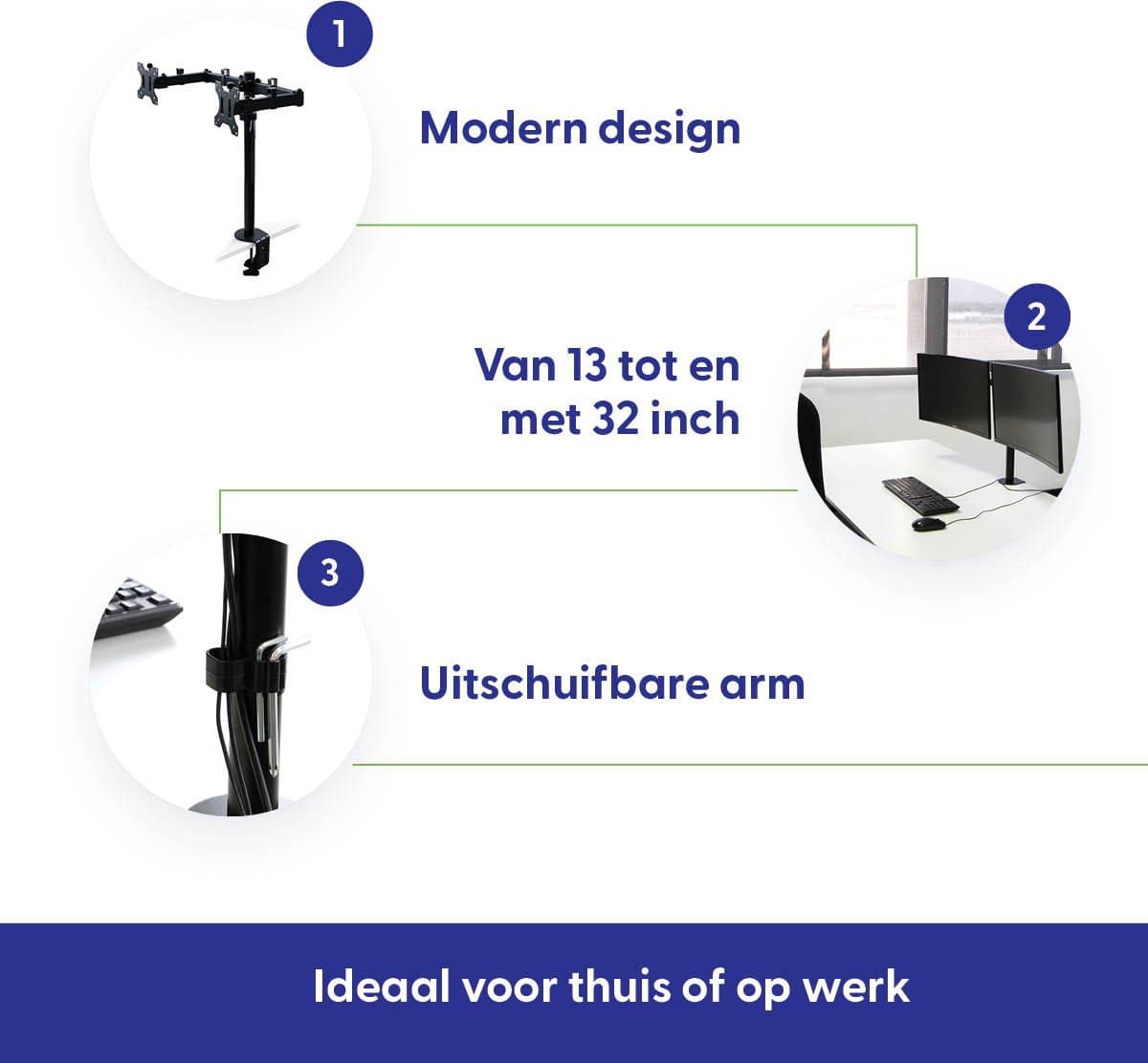 Eleganca Dubbele monitorstandaard 13 tot 32 inch voor tafel - Tot 8 kg per arm - MAX VESA 75x75 mm - 100x100 mm - staal - zwart thumbnail 5