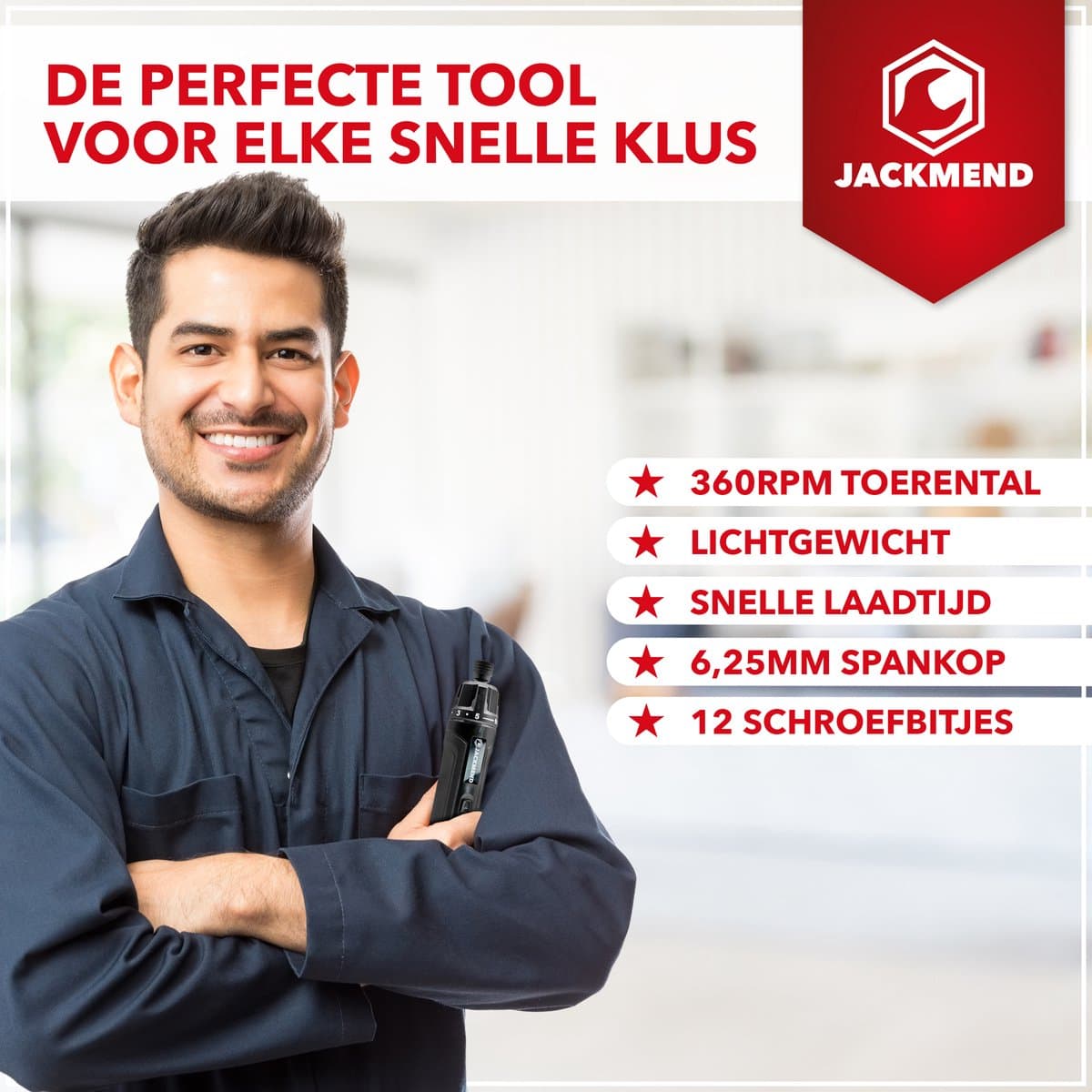 JACKMEND Accu Schroefmachine Inclusief 13-Delige Bit Set en 3.6V Lithium-Ion-Accu - Elektrische Schroevendraaier - USB-C Oplaadbaar Boormachine - 360RPM Motor - Zwart thumbnail 2