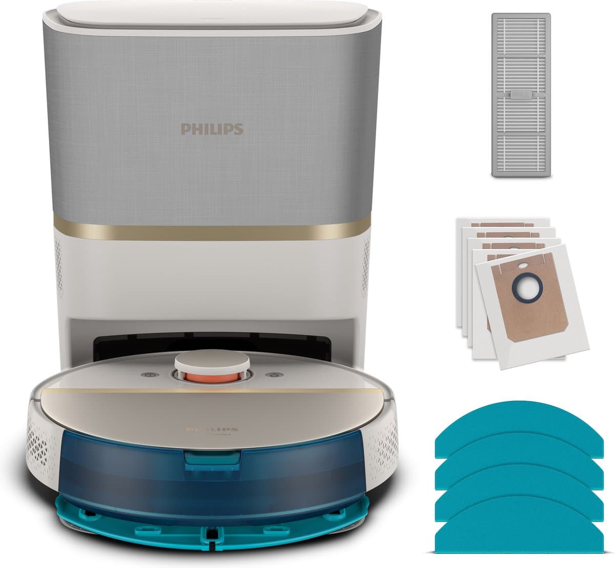 Philips HomeRun Aqua 7000 Series XU7100/02 - Robotstofzuiger met Dweilfunctie - Incl. Laadstation - Wit / Goud - App Connected thumbnail 4