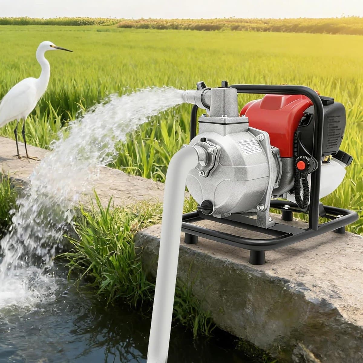 Waterpomp Benzinemotor - Vuilwaterpomp Hogedruk - Tuin Irrigatie Drainage - Viertakt Motor - 30 Meter Opvoerhoogte - Zilver Rood Zwart thumbnail 2