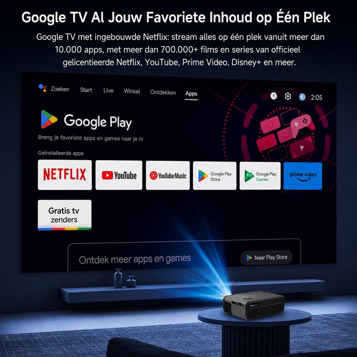 Lumistar® A8 Google TV Beamer - Officiële Google TV licentie - Ingebouwde Chromecast - Full-HD Beamer - Thuisbioscoop met 1500 ANSI - HDR + Dolby DTS Audio - WiFi & Bluetooth - Mini Beamer - Projector thumbnail 5