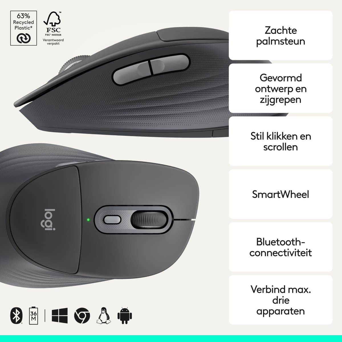 Logitech Signature Comfort Plus M850L - Draadloze Bluetooth Muis - Ergonomisch - Zwart thumbnail 2