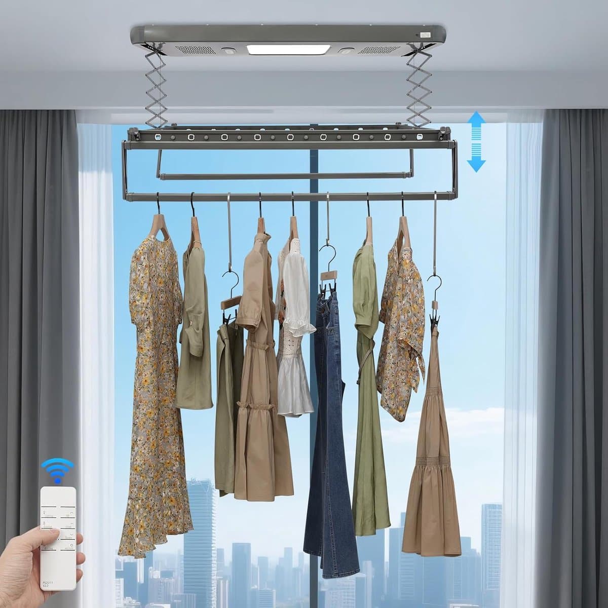 Elektrisch Wasrek - Droogrek Plafond - Kleding Drogen - Met Blauw Licht Sterilisatie - 130-215 Cm Uittrekbaar - Grijs thumbnail 3