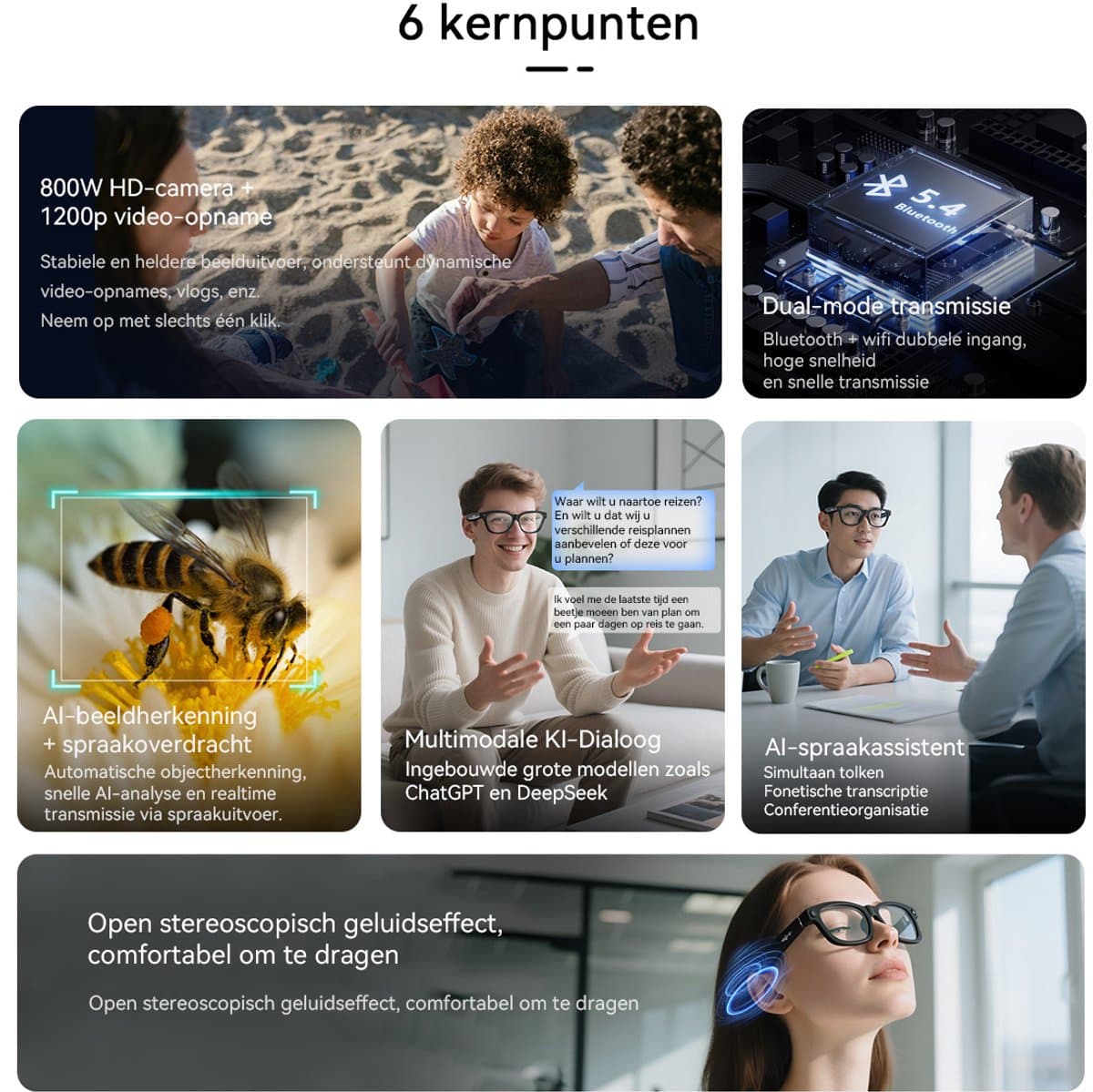 Blackview BV100 Smart Glasses - Slimme bril met camera - Spraakgestuurde AI-assistent - Bluetooth-bellen, vertaling, objectherkenning - BT 5.4 - 32GB - 220 mAh - Zwart thumbnail 6
