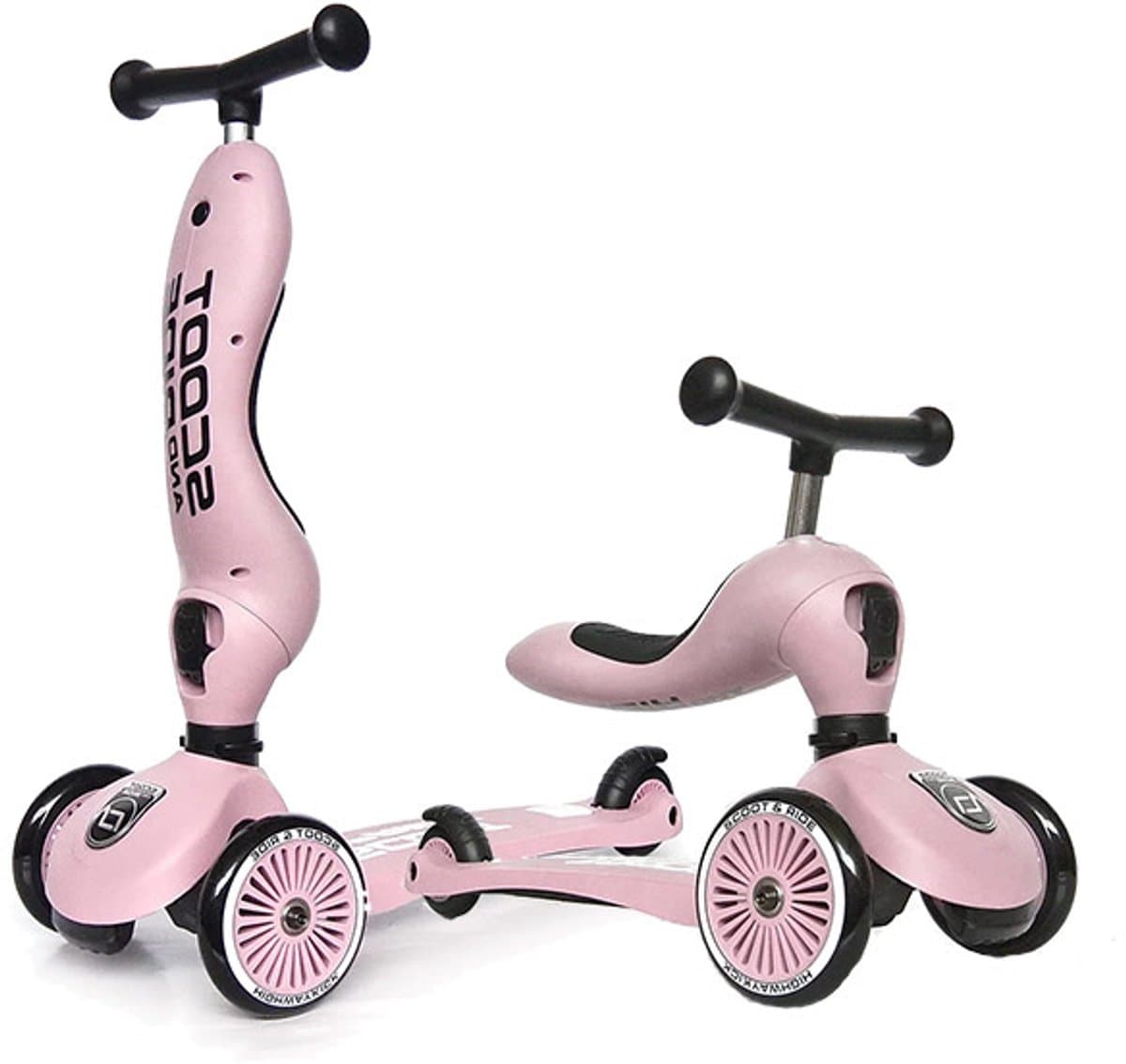 Scoot & Ride Highwaykick 1 – 2-in-1 Kinderstep – Loopfiets en Step in Één – Zonder Gereedschap Ombouwbaar – Veilig en Stabiel – Roze
