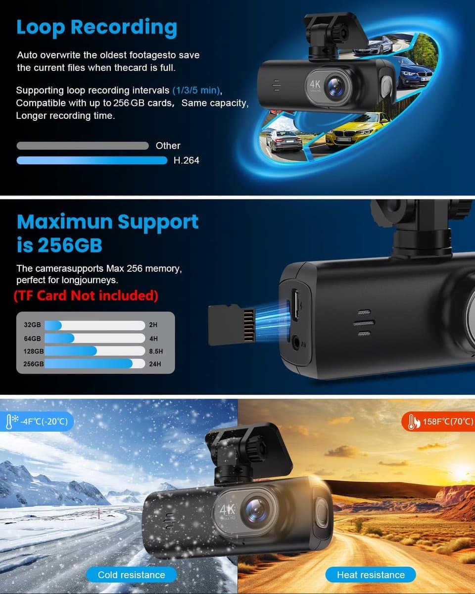 Dashcam - Dashcam voor auto - Dashcam 4K Voorzijde - Ultra HD - Mini Autocamera - APP Bediening - Ingebouwde Wi-Fi & G-sensor - 24-uurs Parkeermodus, Nachtzicht, WDR, Loopopname, Ondersteuning voor maximaal 256 GB thumbnail 6