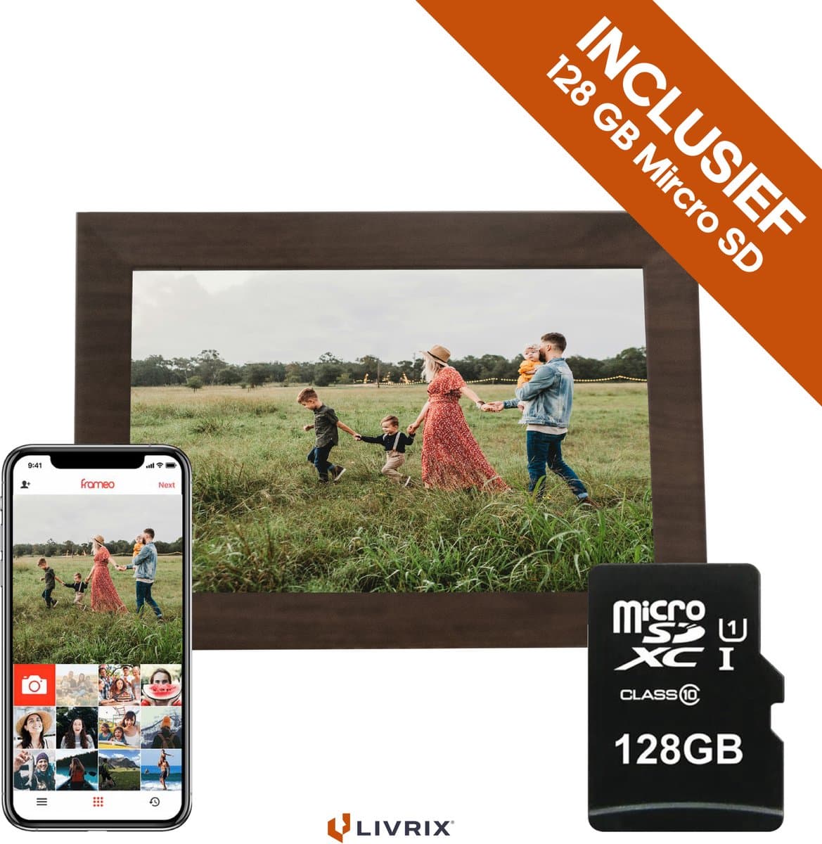 Digitale Fotolijst met WIFI en Frameo App - Inclusief 128GB SD Kaart - 10.1 inch - HD+ -IPS Display - Bruin - 3 Dimfuncties - Horizontaal & Verticaal - afbeelding 1