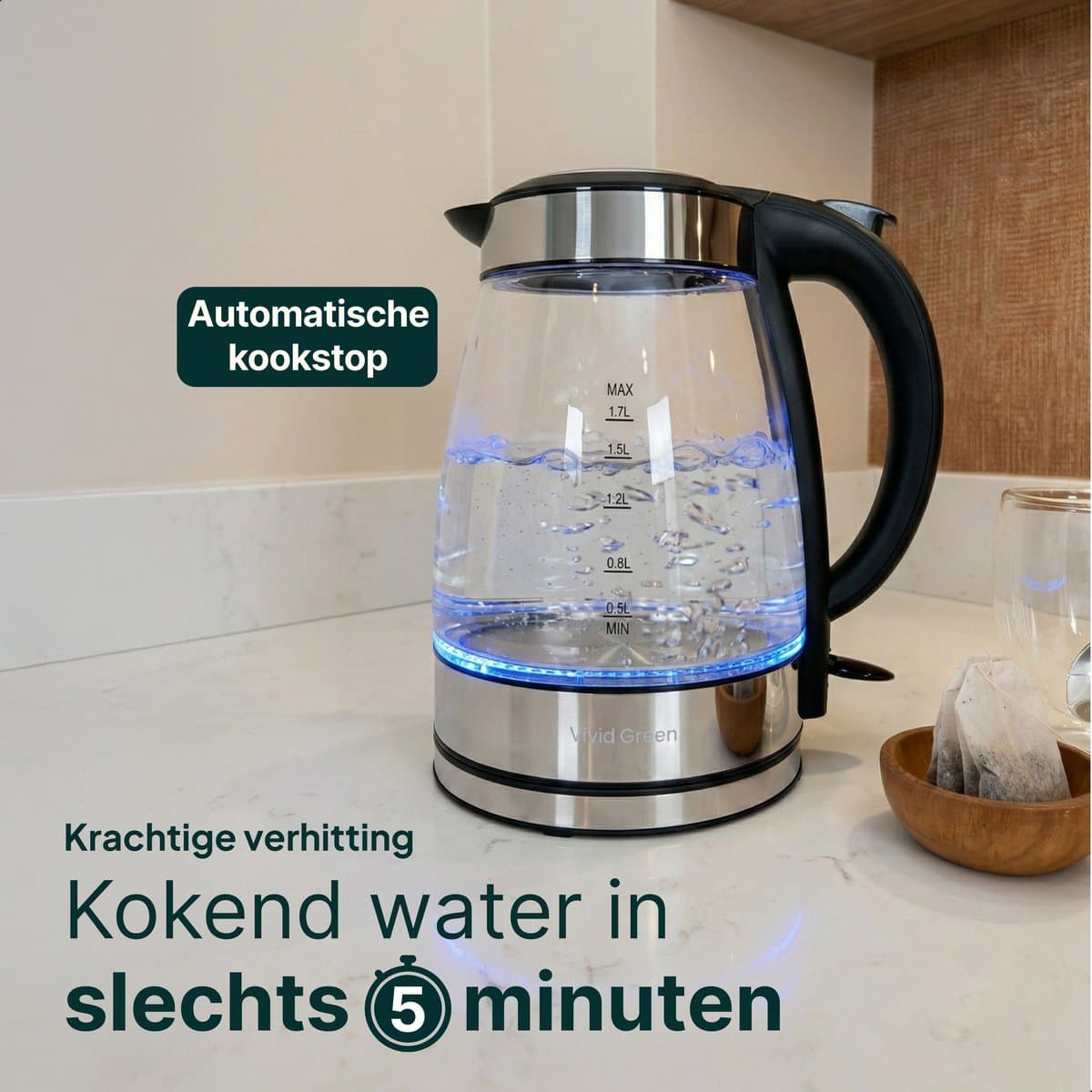 Vivid Green Glazen Waterkoker - 1.7L – 2200W - PFAS-vrij - Kalkfilter - Led Verlichting - Glas thumbnail 3
