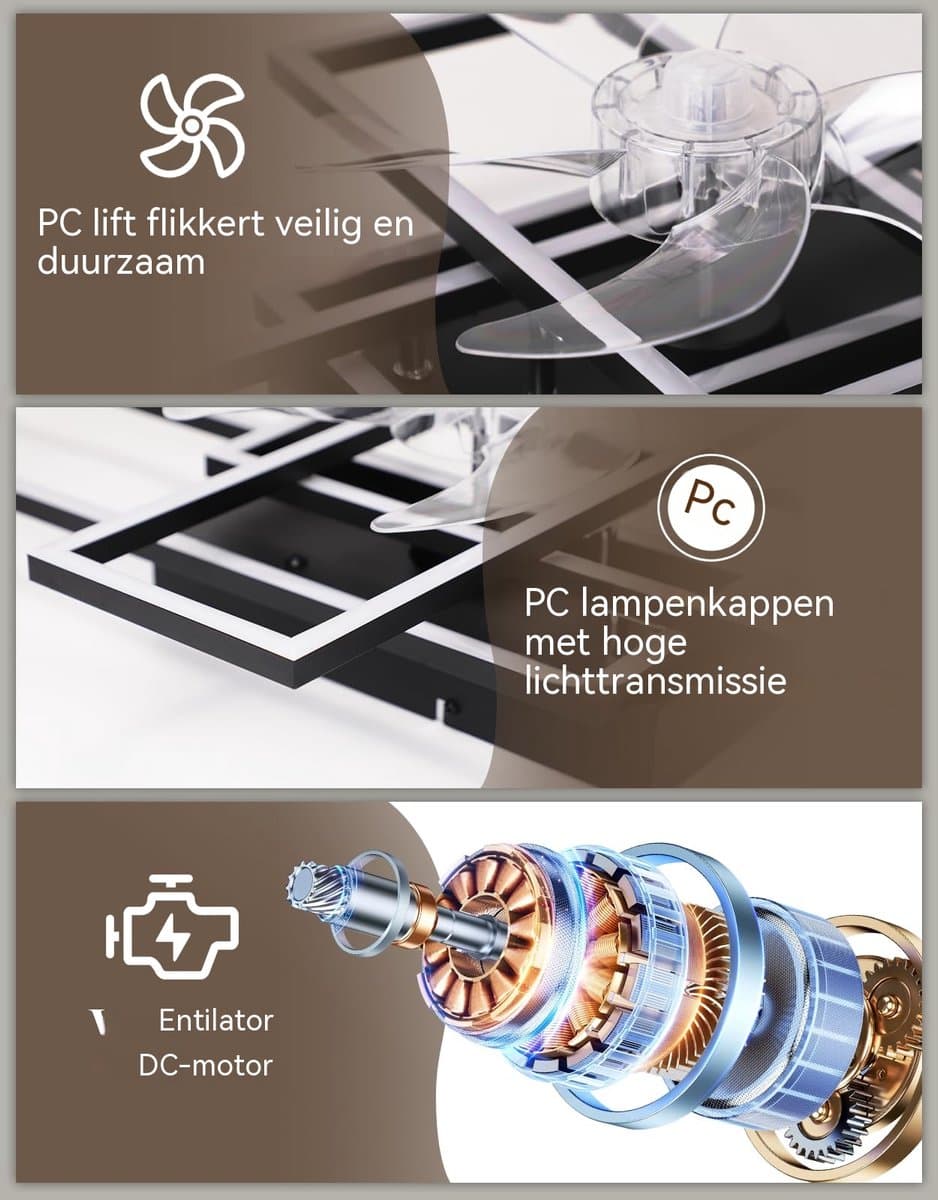 Glitzerlife - Plafond ventilator met verlichting - Dimbaar Led Licht - 6 Snelheden - Omkeerbare Zomer En Winterstand - Stille plafondventilator - Afstandsbediening Timer - Ø94 Cm - Zwart thumbnail 2