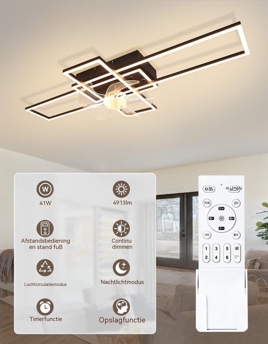 Glitzerlife - Plafond ventilator met verlichting - Dimbaar Led Licht - 6 Snelheden - Omkeerbare Zomer En Winterstand - Stille plafondventilator - Afstandsbediening Timer - Ø94 Cm - Zwart thumbnail 5