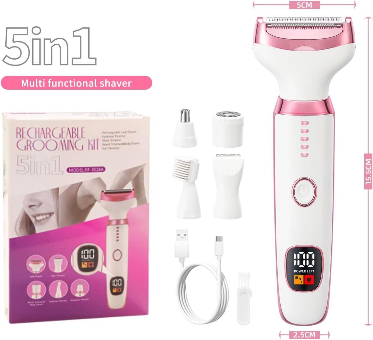 5-in-1 Elektrisch Epilator voor Vrouwen - Oplaadbare Bikinischaaf met Digitale Batterij-indicator - Verwisselbare Opzetstukken voor Gezicht, Lichaam en Intieme Zones - USB-C - Wit thumbnail 3