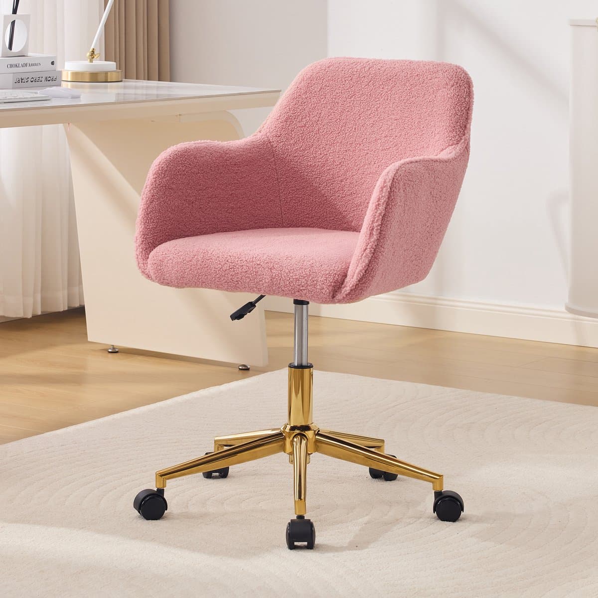 MIVRAY Bureaustoel - Verstelbaar 360 Graden Draaibaar Met Zachte - Voor Thuiswerk En Kantoor - 58 x 58 x 86 cm - Teddy Bekleding - Roze thumbnail 4