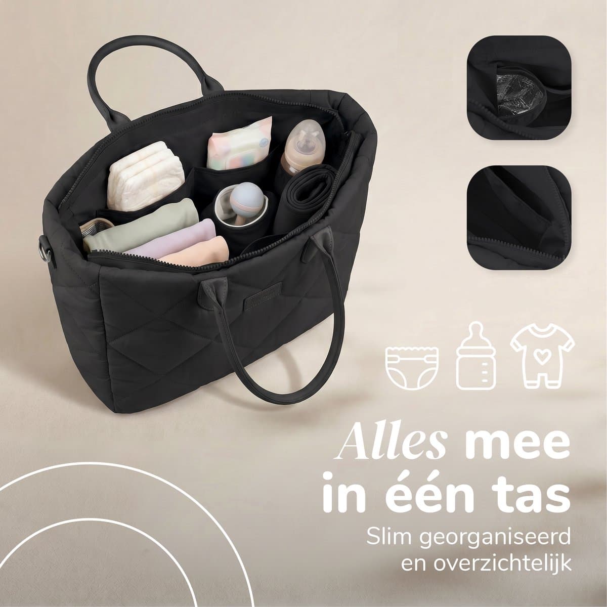 Mommsy Luiertas – Verzorgingstas – Thermo Vak – Gewatteerde Puffer Stof – Extra Ruim – Waterafstotend – Organizer – Lichtgewicht – Zwart thumbnail 3