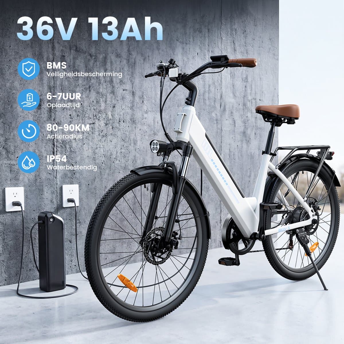 iScooter Elektrische Fiets UcityS 26" Wit – Elektrische Mountainbike met Shimano 7 versnellingen, verwijderbare 36V 13Ah accu, 6/10/15/20/25 km/u, dubbele schijfremmen, app-ondersteuning & LCD-scherm – Ideaal voor woon-werkverkeer en stadsritten thumbnail 3