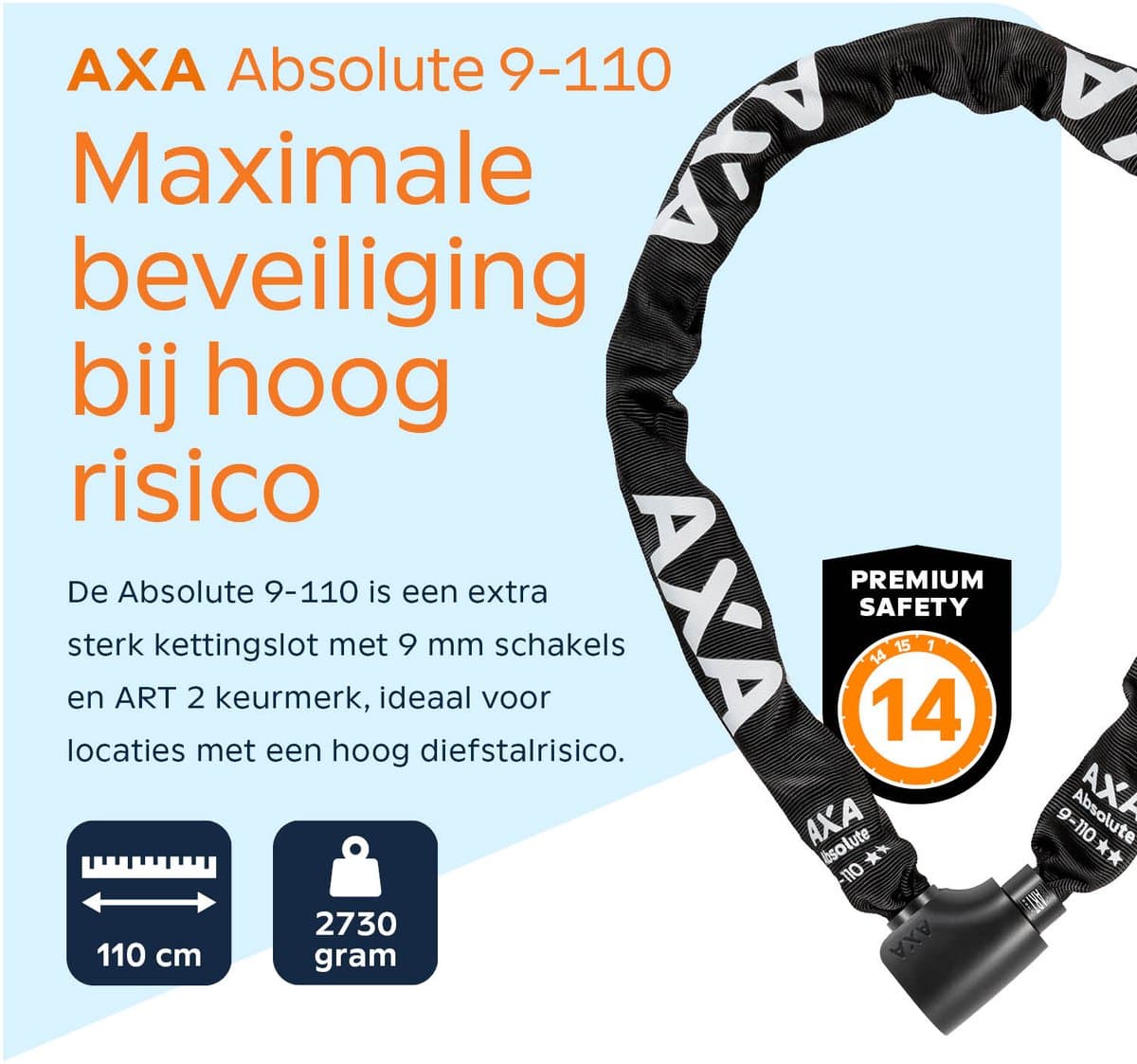 AXA Absolute 9-110 ART 2 Kettingslot – Fietsslot met keurmerk – Sterk slot met stalen ketting – Voor elektrische fiets, fatbike en bakfiets - Inclusief sleutelservice – 110 cm thumbnail 5