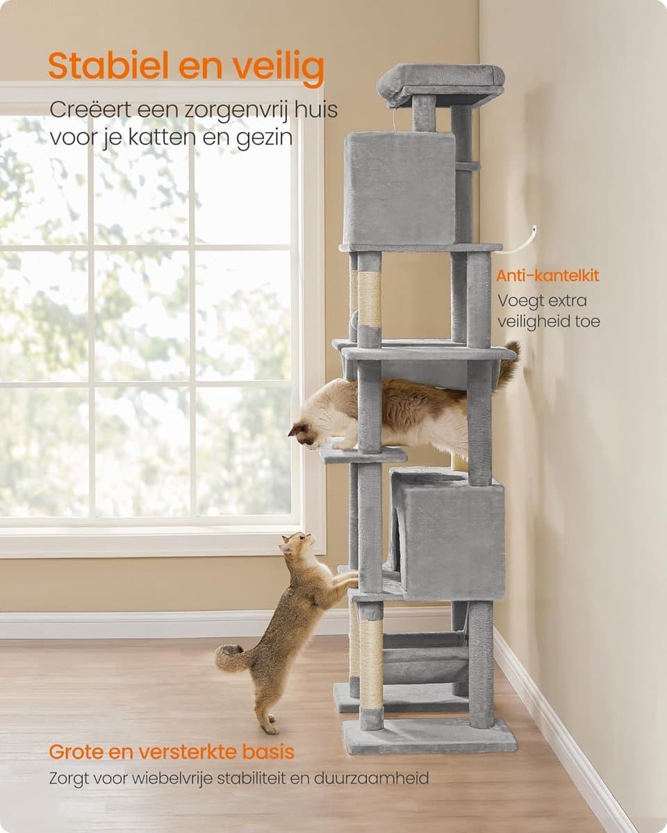 Feandrea krabpaal groot, krabpaal XXL, kattenkrabpaal met meerdere verdiepingen, 201 cm hoog, met een platform, een ligbak, 2 kattenholen, 2 hangmatten, anti-tip bescherming, lichtgrijs thumbnail 5
