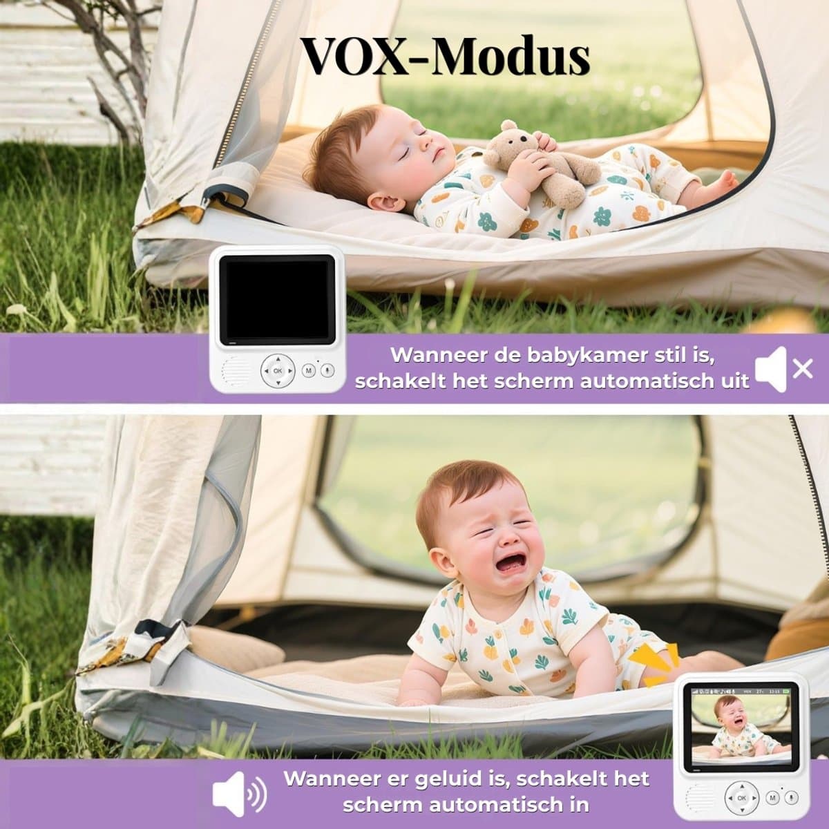 Babyfoon met camera 720p IPS-video, babyfoon zonder wifi, 2000mAh-batterij, VOX-modus, nachtzicht, temperatuuralarm, intercomfunctie, digitale zoom, 8 slaapliedjes en 5 wekkers. thumbnail 2