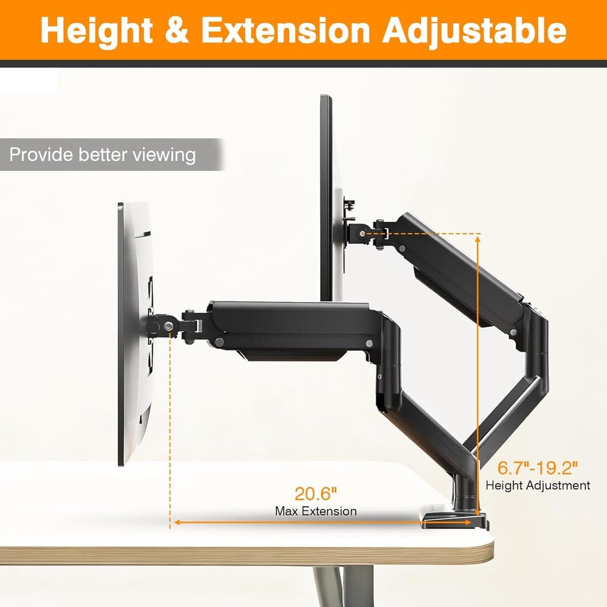 Dubbele monitorarmen, gasveer monitorarmen voor 2 monitoren tot 34 inch gebogen/plat, 22 lbs per arm, VESA-montage 75x75 100x100mm, C-klem en doorvoerbasis, verstelbare kantel/draaibaar/rotatie thumbnail 4