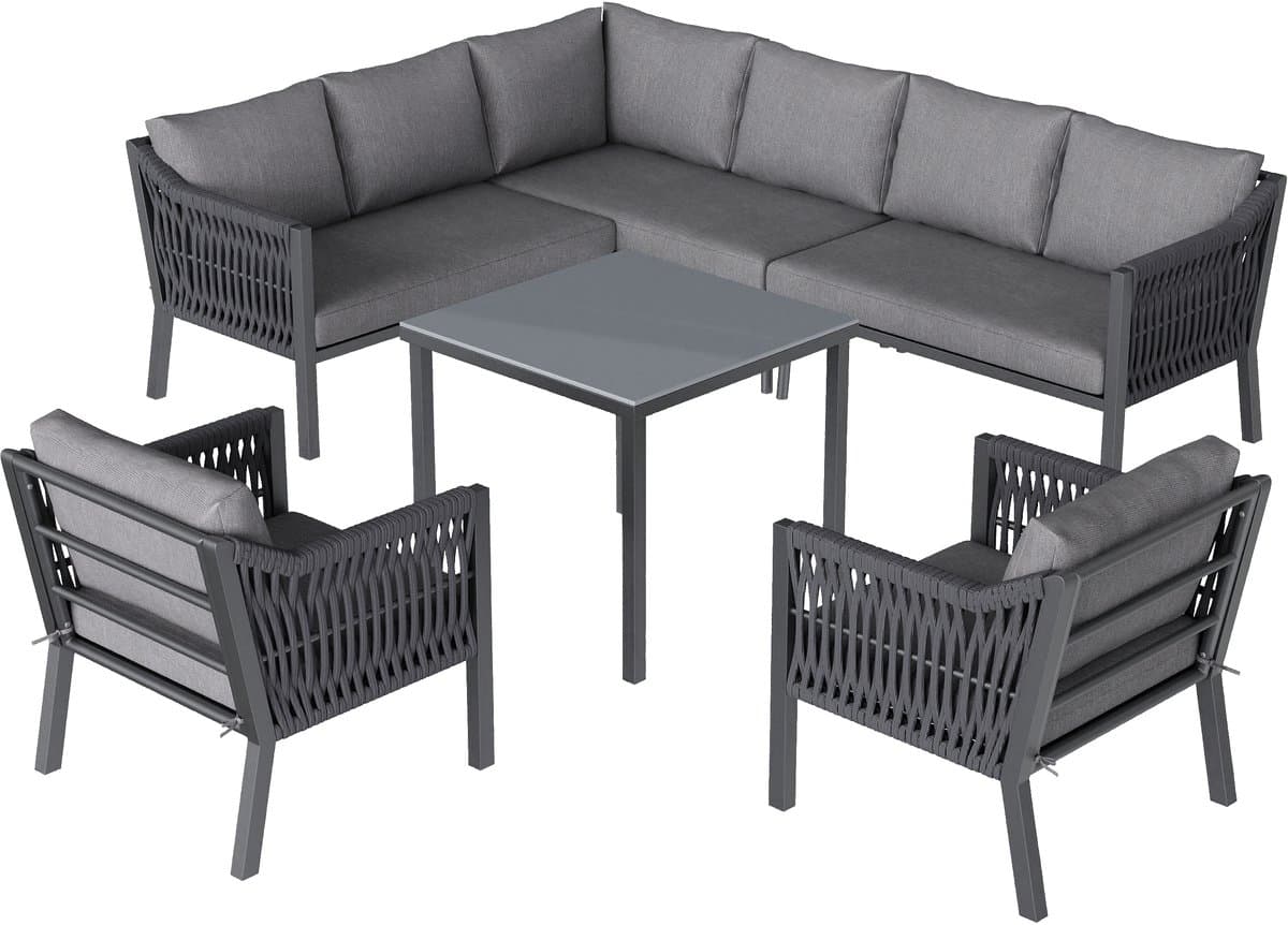 BLACKCOLORS Tuin-eetset, tuinmeubelset, 8 personen, hoekopstelling, verzinkt ijzer, glazen tafelblad, handgeweven touwset, bestaande uit een eettafel, twee fauteuils en een hoekbank, grijs. thumbnail 2
