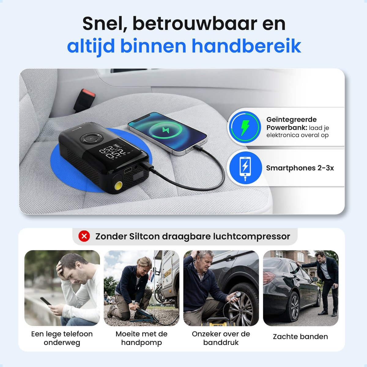 Siltcon® Elektrische Fietspomp - Luchtcompressor - Tot 10.8 Bar - 8500 mAh Powerbank - Compressor - Bandenpomp Auto - Elektrische Bandenpomp - Luchtpomp – Universeel – Oplaadbaar & 12V – 35l/min – SOS Lamp - Noodpakket - Incl. 10 Opzetstukjes en Hoes thumbnail 4