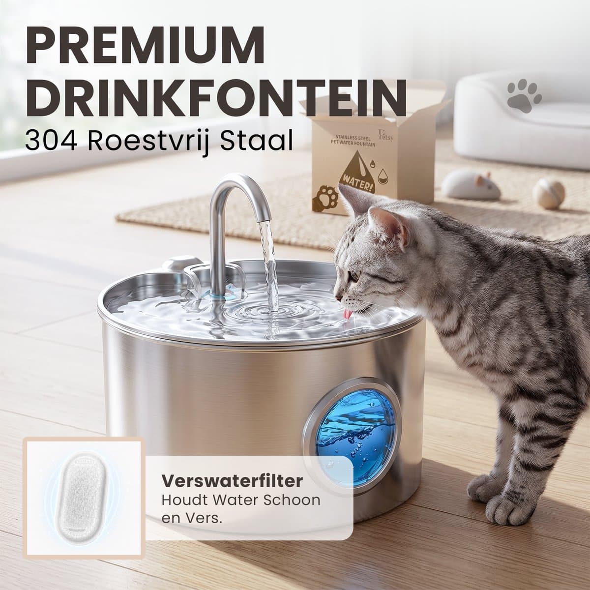 Petsy Drinkfontein kat RVS luxe 2026 - Hond - Waterfontein - 2.6 Liter - incl 2 Filters thumbnail 3