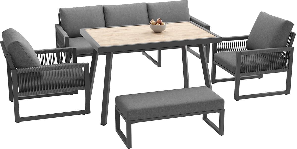 Loungeset Tuin 6-7 Personen met Eettafel - Tuinmeubelset met 3-Zits Bank, 2 Fauteuils en Bankje - Weerbestendige Lounge Dining Set voor Tuin, Terras en Balkon - Grijs thumbnail 8