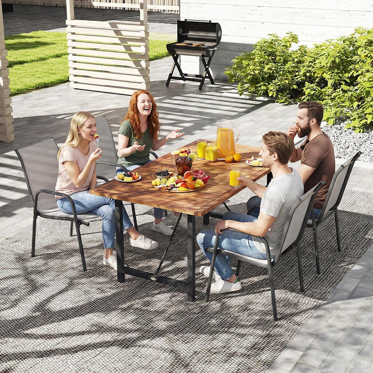 Pugsdrly Tuinstoelen, set van 4 stapelbare terrasstoelen met ademende rugleuning, armleuningen, draagvermogen 120 kg thumbnail 7