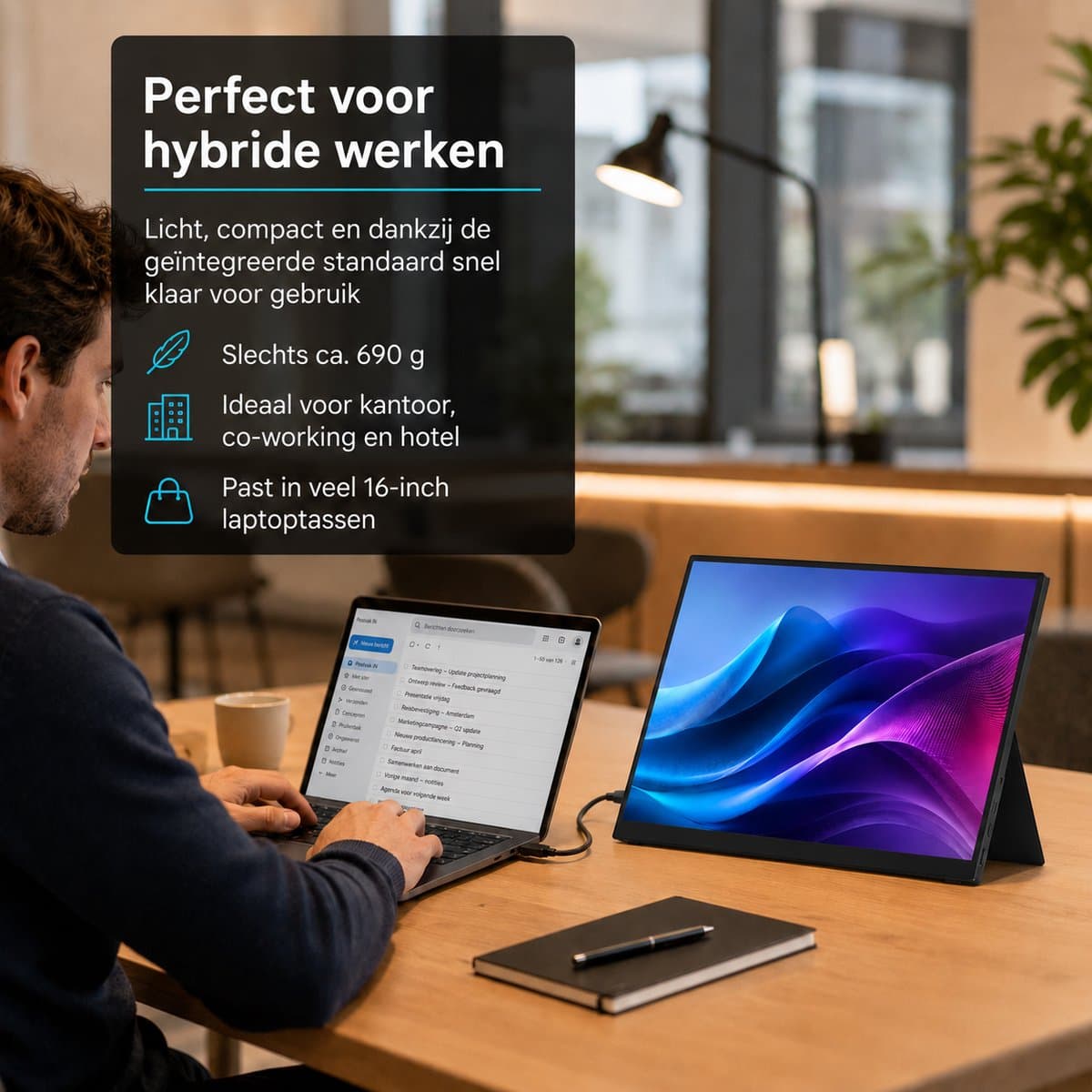 Gloovon® Draagbare Monitor - 16 inch 2.5K 144Hz - Met Standaard HDMI & USB-C - 500 nits IPS Scherm - 2560x1600 - Zwart thumbnail 5