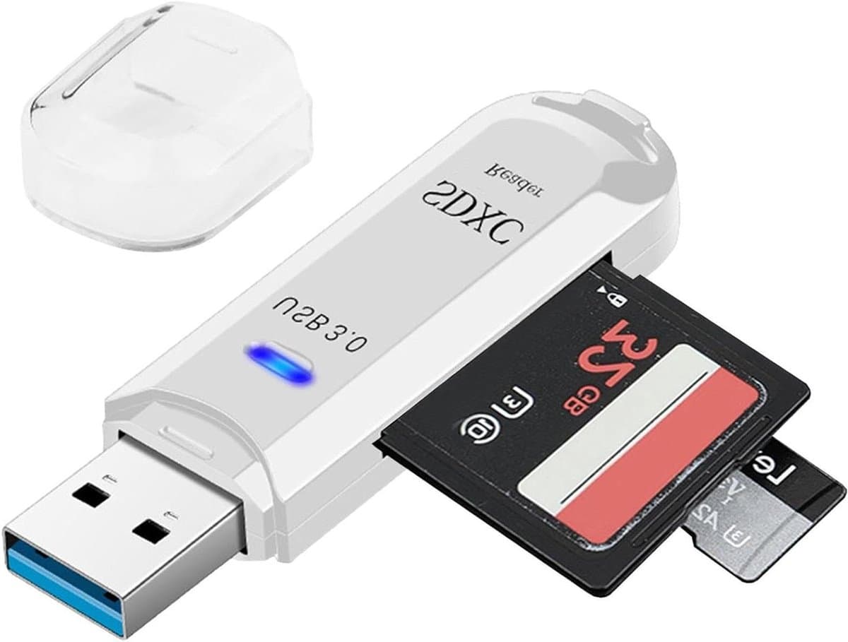 Snelle Kaartlezer - Geheugenkaartlezer USB - Bestanden Overzetten - 5 Gbps Transmissie - 60 x 17 x 10 mm - Wit