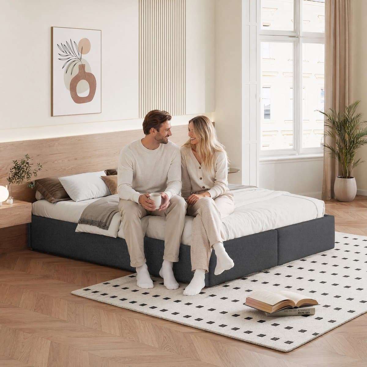 Opbergbed 160x200 cm – Grijs Linnenstof Bed met 2 Lades – Tweepersoons Bedframe met Opbergruimte – Modern Slaapkamer Bed thumbnail 2
