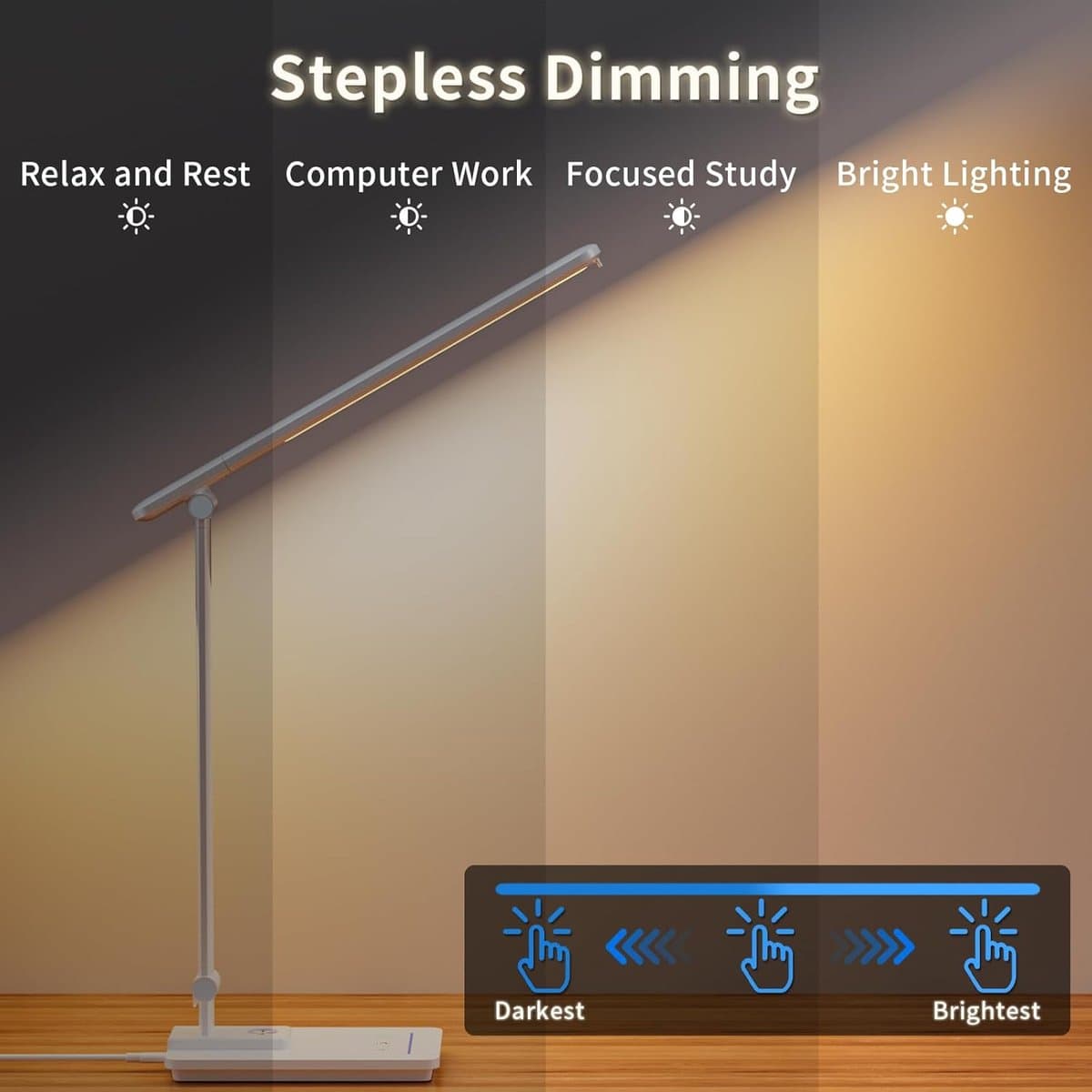 Sounix LED Bureaulamp Oplaadbaar - 5 Lichtkleuren - Dimbare Tafellamp met USB-Oplaadpoort - Oogvriendelijke Leeslamp voor Kantoor, Studie en Slaapkamer - Wit thumbnail 3