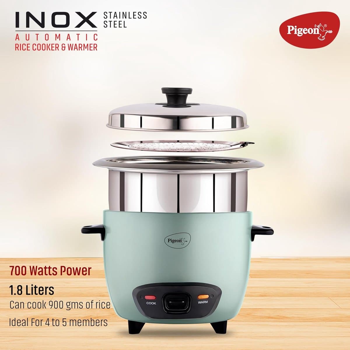 Pigeon Stainless Steel Automatic Electric Rice Cooker (Blue) (1L) thumbnail 6