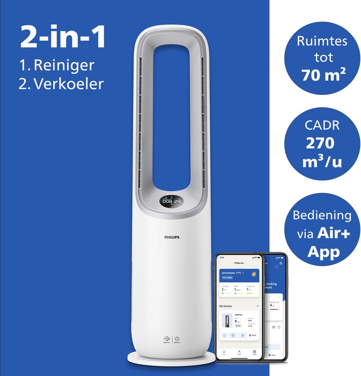 Philips 7000 Series Air Performer 2-in-1 Luchtreiniger en Ventilator - CADR 270m3/u - Ruimtes tot 70m2 - 3 laags HEPA Filtratie - Air+ app - Wit - AMF765/10 thumbnail 2