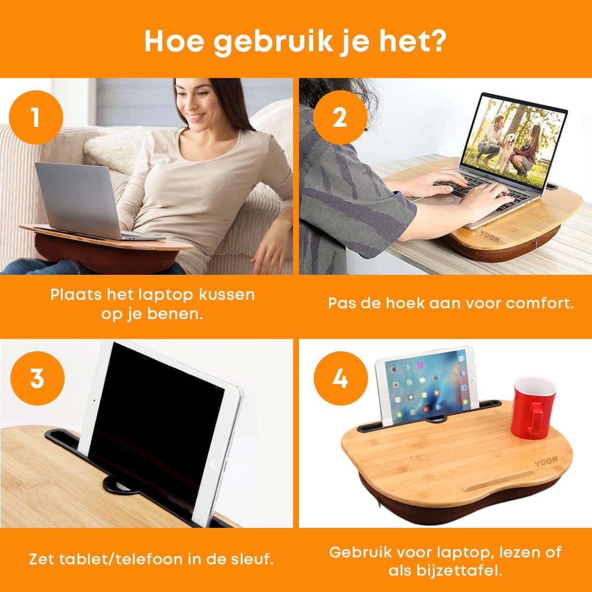YUGN Laptopkussen 15 Inch - Bamboe Laptop Kussen - Laptop Tray Met Kussen - Schootbureau - Schootkussen - Thuiswerken thumbnail 6