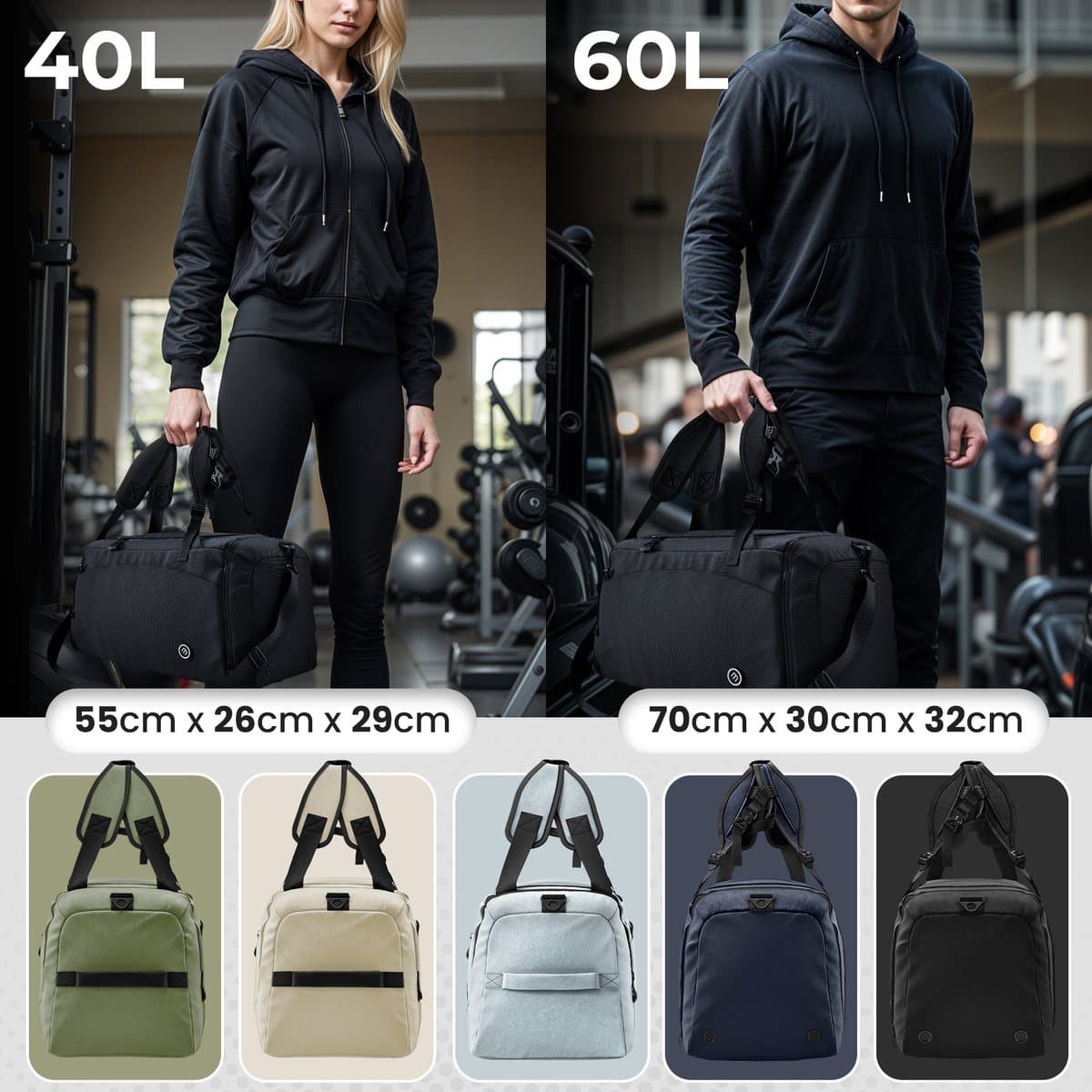 bemaxx Sporttas Gymbag Reistas 40L / 60L | Trainingstas met Rugzak-Functie Schoenencompartiment Vak voor natte Kleding | Sportrugzak Fitness Tas Weekender Zwemtas Duffelbag Sportzak Fitnesszak Sportbag Heren - 60L, Zwart thumbnail 2