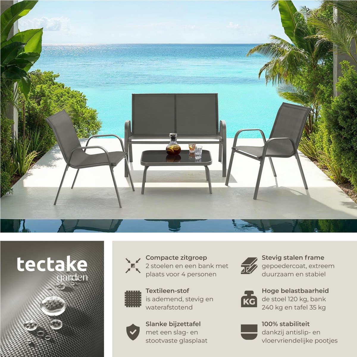 tectake® Tuinset Nora - Moderne Zitgroep voor 4 Personen - Loungeset met Tuinbank en 2 Tuinstoelen van Ademend, Waterafstotend Textileen-Weefsel - Balkonset Met Bijzettafel - Luxe Tuinmeubelset - Antraciet thumbnail 6