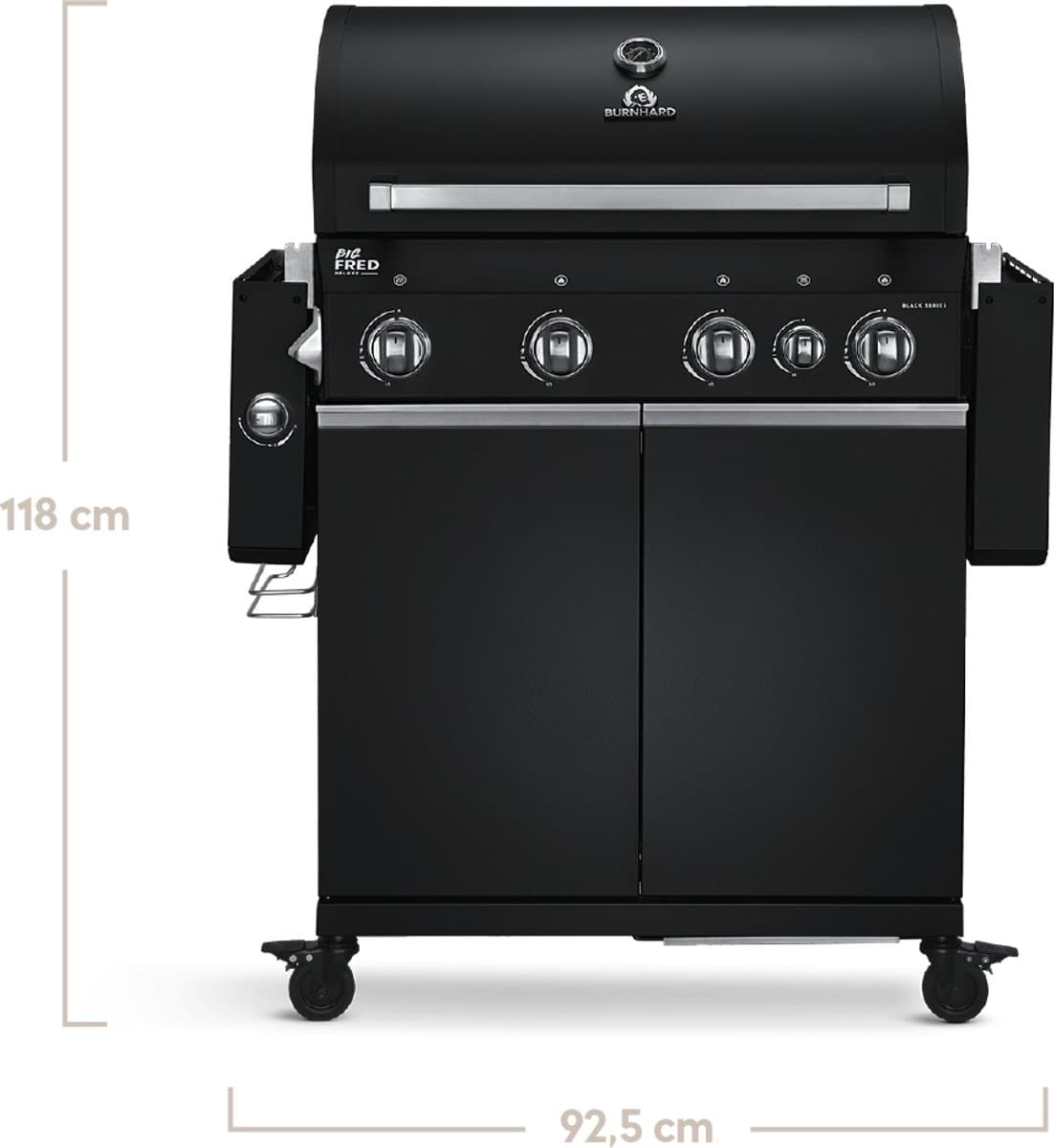 BURNHARD® 4 Branders gasbarbecue Big FRED Black Series 3 incl. achterbrander, keramische 900°C infraroodbrander, zijkookplaat, gietijzeren grillrooster + uitklapbare zijtafels thumbnail 4