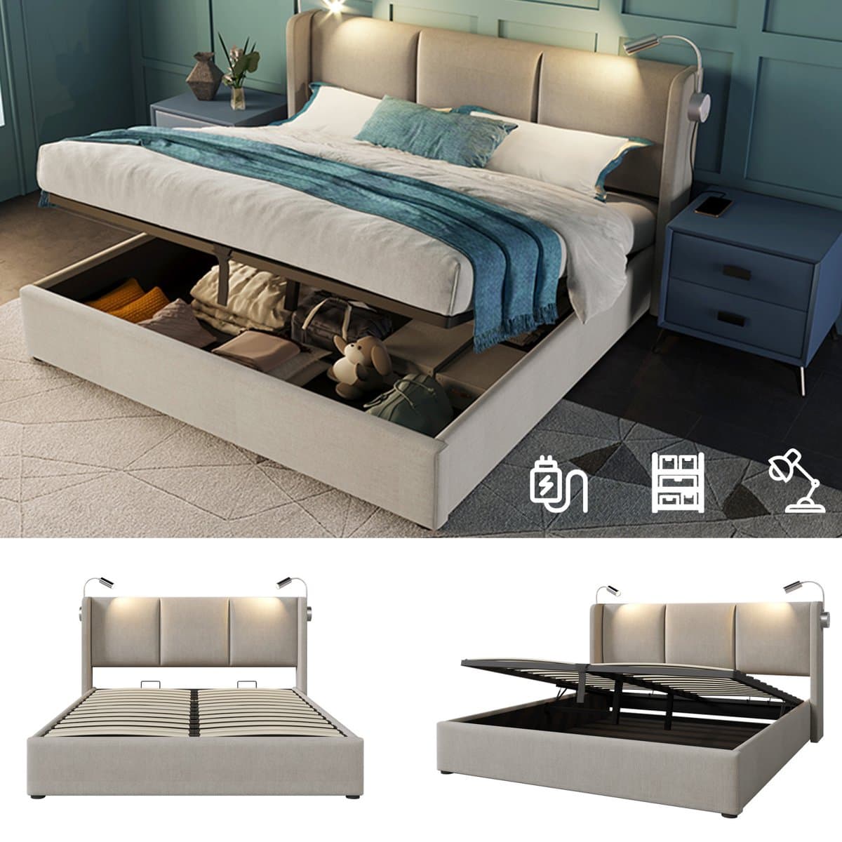 Opbergbed 160x200 cm in Beige met hydraulische functie & 2 Leeslampen – Modern Tweepersoonsbed met Opbergruimte thumbnail 6
