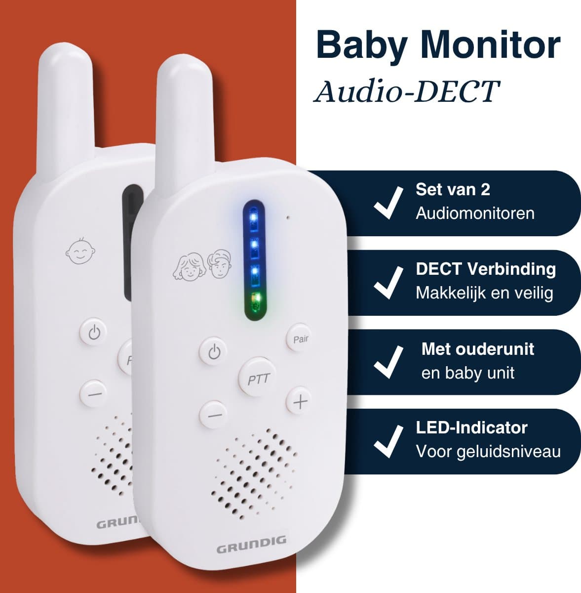 Grundig DECT Audio Babyfoon - Baby Monitor met 150M bereik - Ouder- en Babyunit - met LED Geluidsindicatie en Terugspreekfunctie - Babykamer Accessoires - Wit thumbnail 2