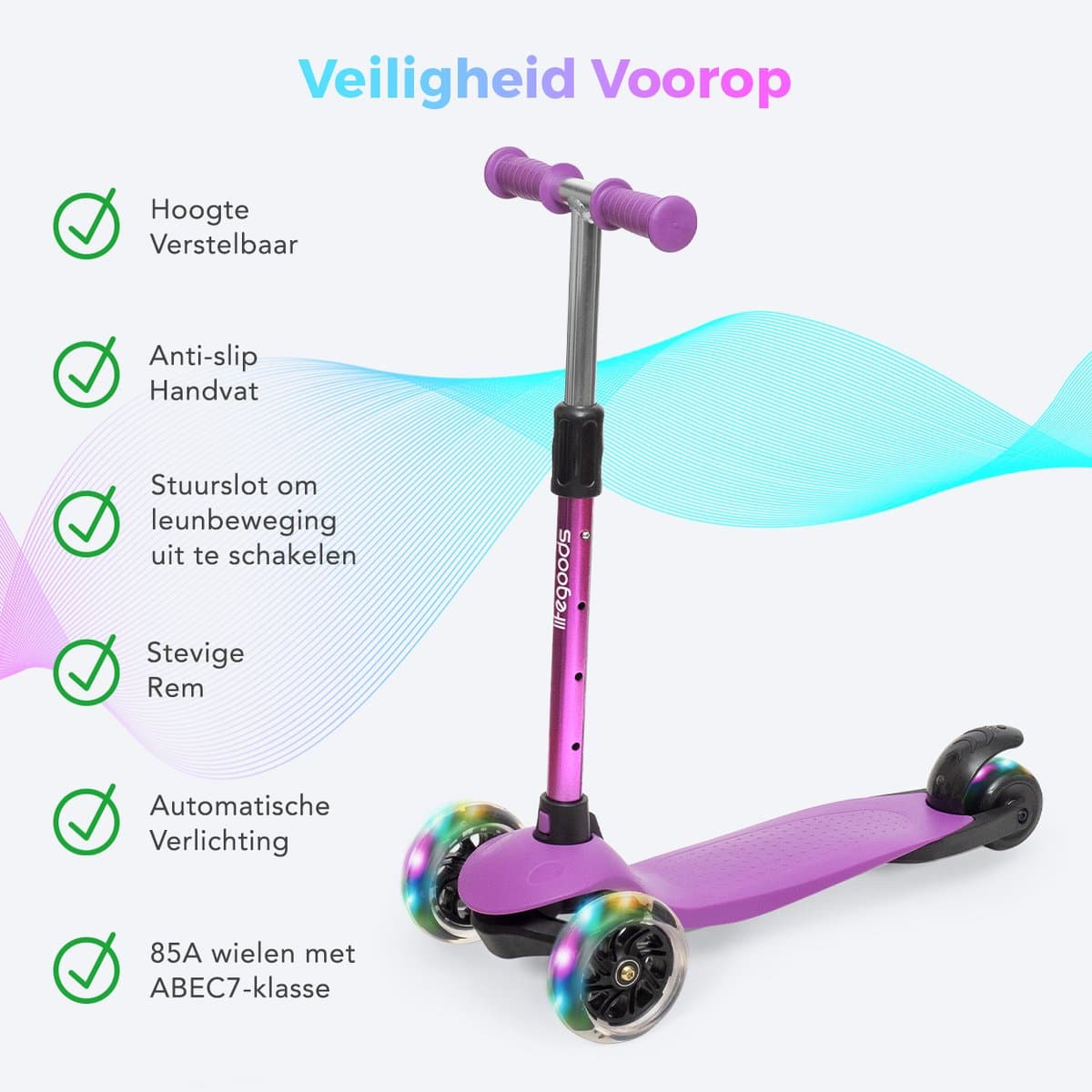 LifeGoods Kinderstep - Step 2-5 Jaar - 3 Lichtgevende LED Wielen - Hoogte Verstelbaar - Jongens/Meisjes - Paars thumbnail 2