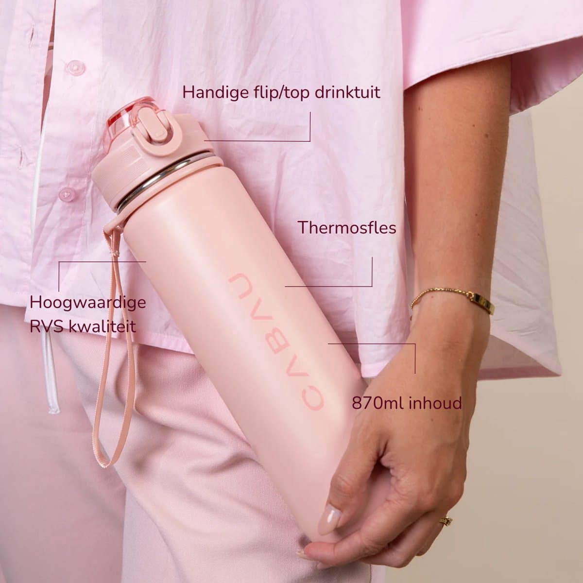 Cabau – Bloom Waterfles Staal – 870 ml – Pink – Roestvrijstalen Drinkfles met Rietje – BPA-vrij & Lekvrij – Thermosfles voor Sporten, Werk en Onderweg thumbnail 2